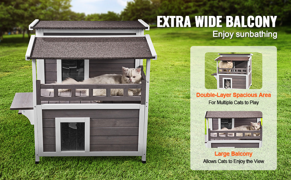 Buiten Kattenhuis Hout 2 Verdiepingen – Weerbestendig Kattenverblijf met Balkon en Dak – Luxe Kattenhuis voor Buiten